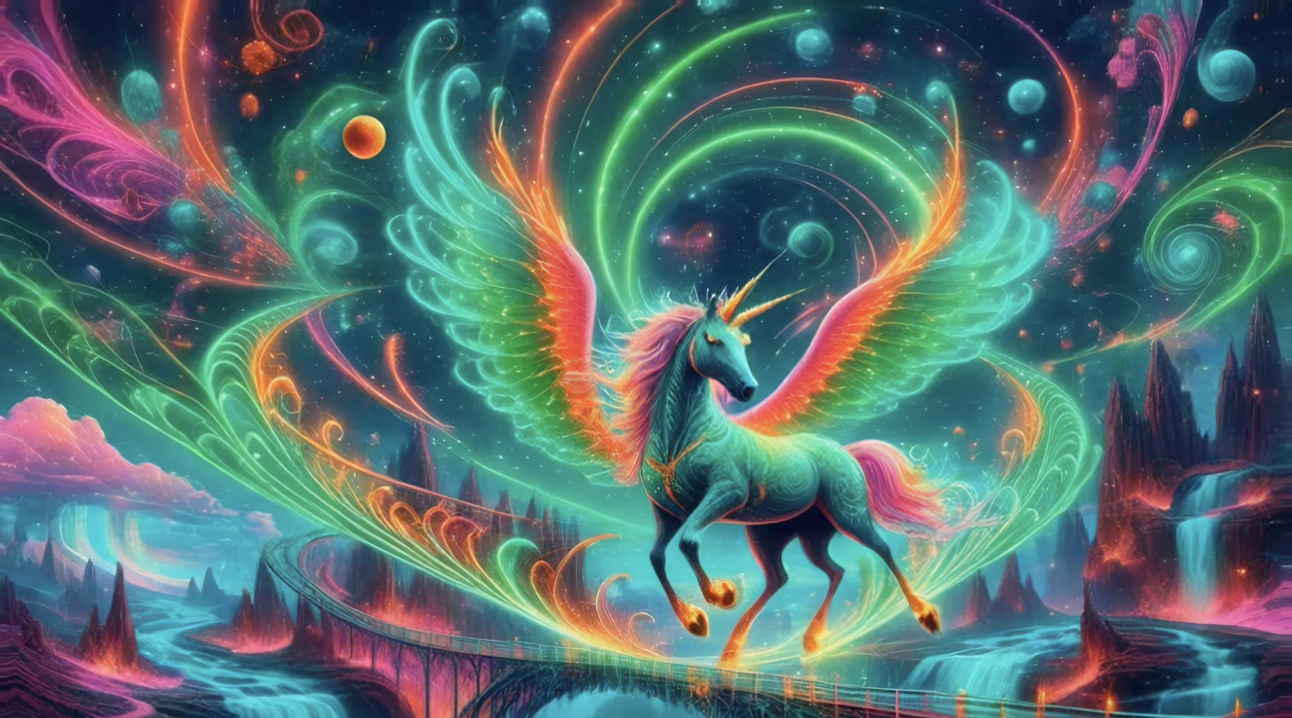 Winged unicorn leaping across a neon sky above rivers and bridges — trippy visual for LSD journeys.